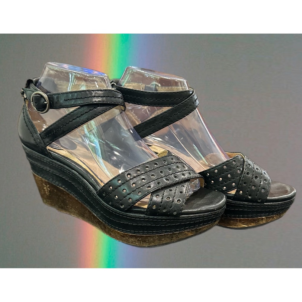 Frye Carlie Perf Black Leather Perforated Wedge Sandals Platform 8M 3473706